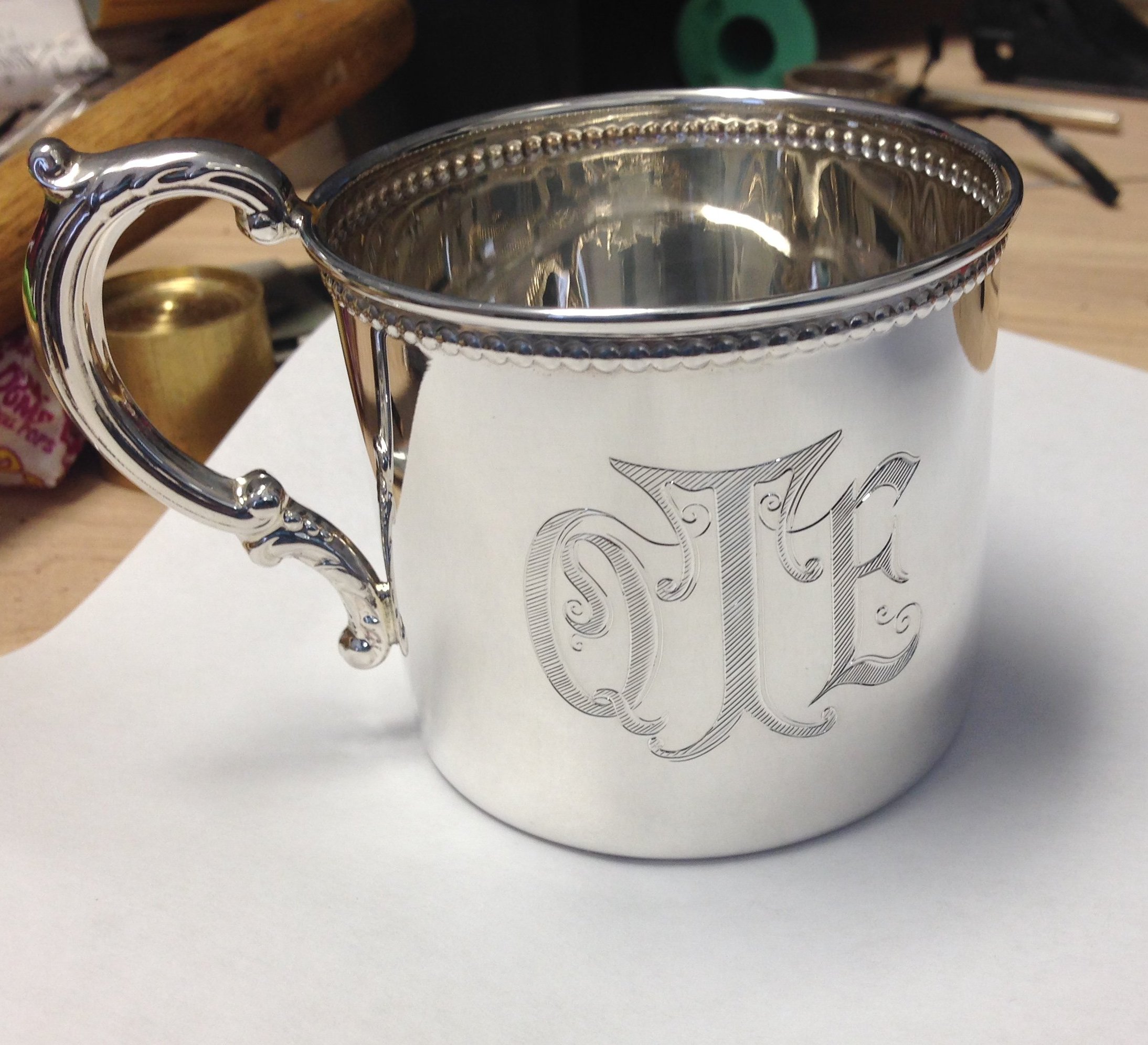 hand engraved monogram baby cup