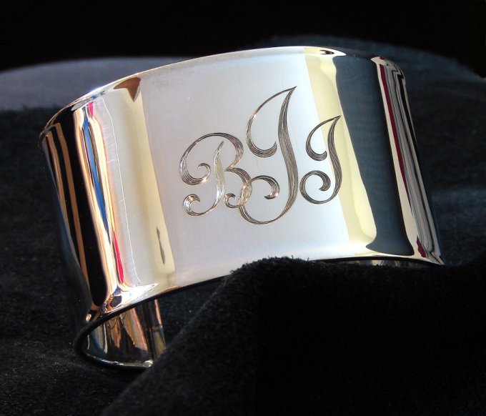 sterling silver Cuff bracelet with hand engraved fancy monogram