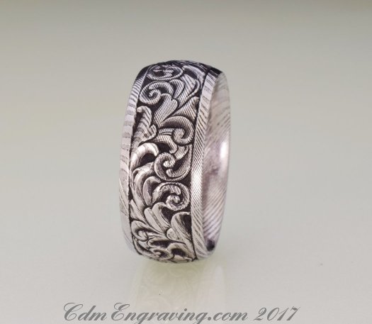 Hand engraved 10mm damascus wedding band
