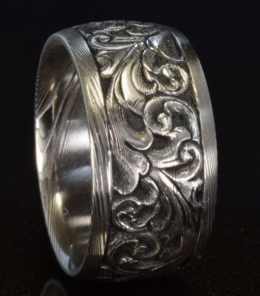 12mm hand engraved damascus band