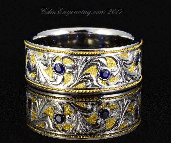 Hand Engraved 10mm Palladium 950, sapphires and 24k gold