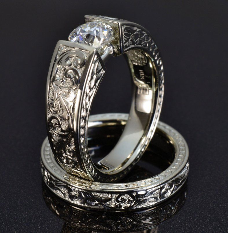 Hand engraved white gold engagement set